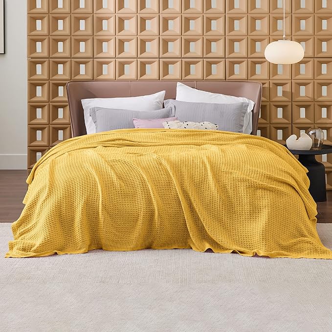 Bedsure 100% Cotton Blanket Queen Size for Bed - Breathable and Soft, Waffle Weave Blanket for Summer Spring, Mustard Yellow, 90x90 Inches
