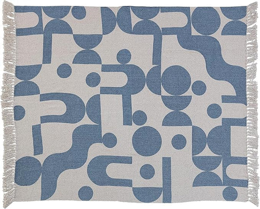 Bloomingville Woven Reclaimed Cotton Blend Printed Sheet with Abstract Design and Fringe, Blue and Beige Throw Blanket