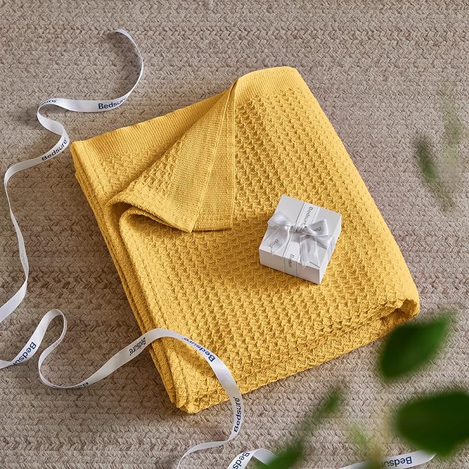 Bedsure 100% Cotton Blanket Queen Size for Bed - Breathable and Soft, Waffle Weave Blanket for Summer Spring, Mustard Yellow, 90x90 Inches