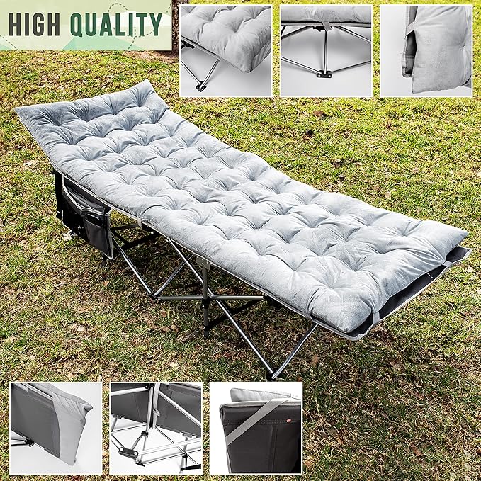 Zento Camping Cot and Mattress Folding Outdoor Travel Bed - Heavy Duty Max Load 450 LBS Premium Quality Cot Bed with Pad for Comfort Sleeping for Travel Home and Anytime Use