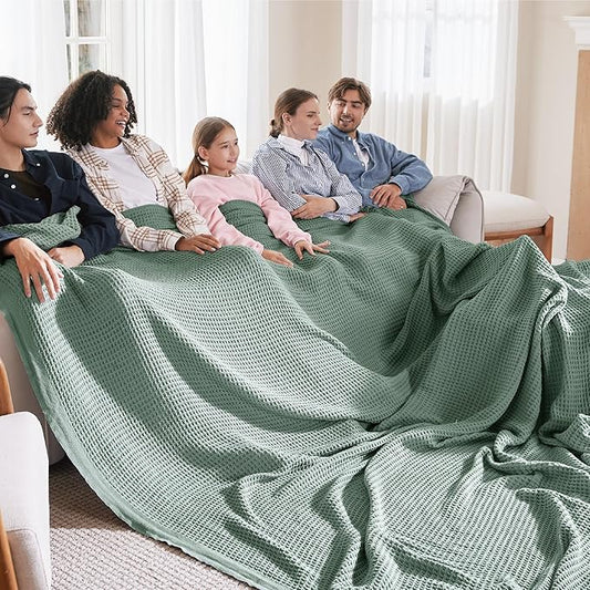 Bedsure 100% Cotton Large Blanket Oversized King for Bed - Breathable Waffle Weave Blanket for Summer Spring, Couch Cover, Sage Green, 120x94 inches