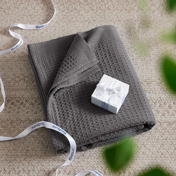 Bedsure 100% Cotton Large Throw Blanket for Couch 50x70 inches - Breathable and Soft, Waffle Weave Throw Blanket for Office, Dark Grey