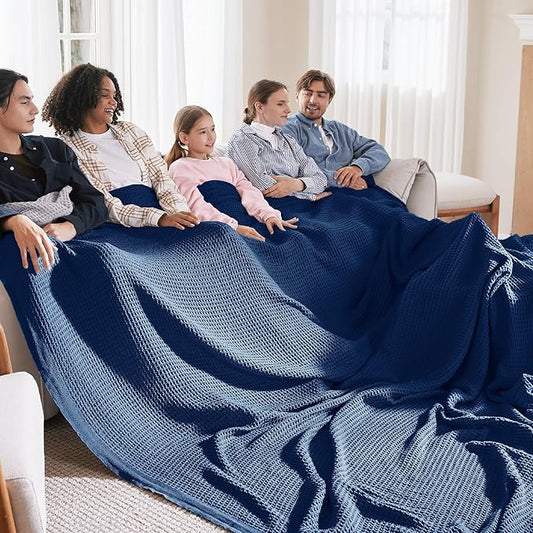 Bedsure 100% Cotton Large Blanket Oversized King for Bed - Breathable Waffle Weave Blanket for Summer Spring, Couch Cover, Navy, 120x94 inches