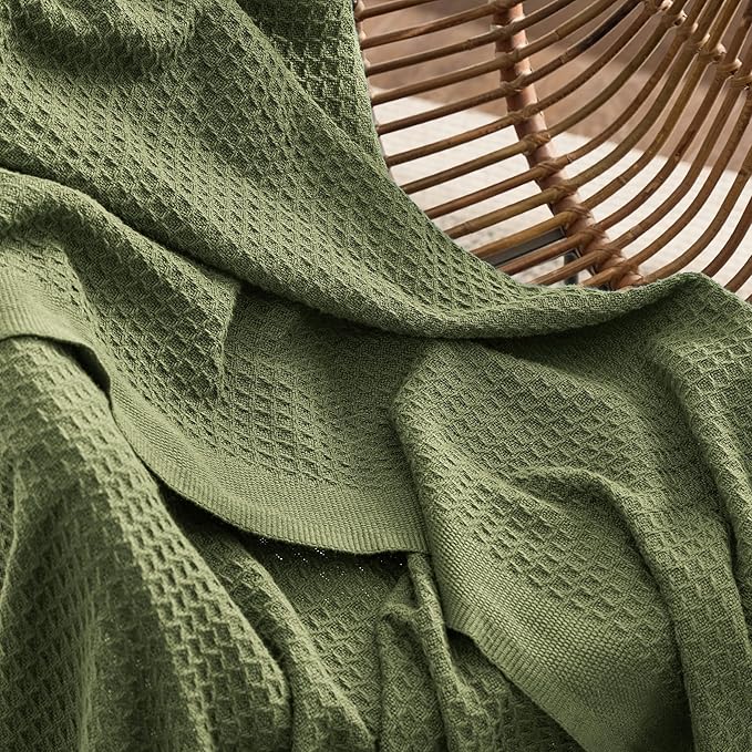 Bedsure 100% Cotton Blanket Twin XL Size for Bed - Breathable and Soft, Waffle Weave Blanket for Summer Spring, Olive Green, 66x90 inches