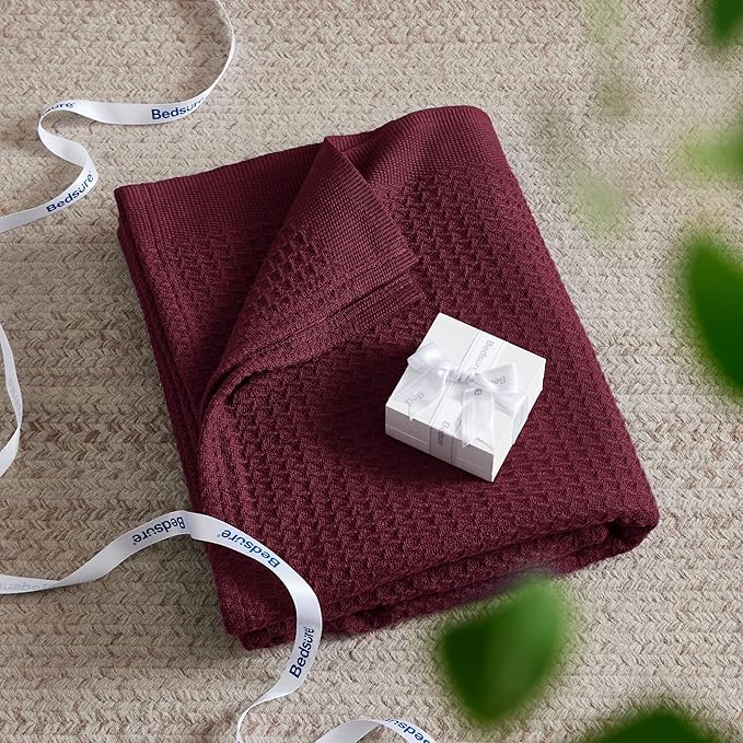 Bedsure 100% Cotton Blanket Queen Size for Bed - Breathable and Soft, Waffle Weave Blanket for Summer Spring, Burgundy Red, 90x90 Inches