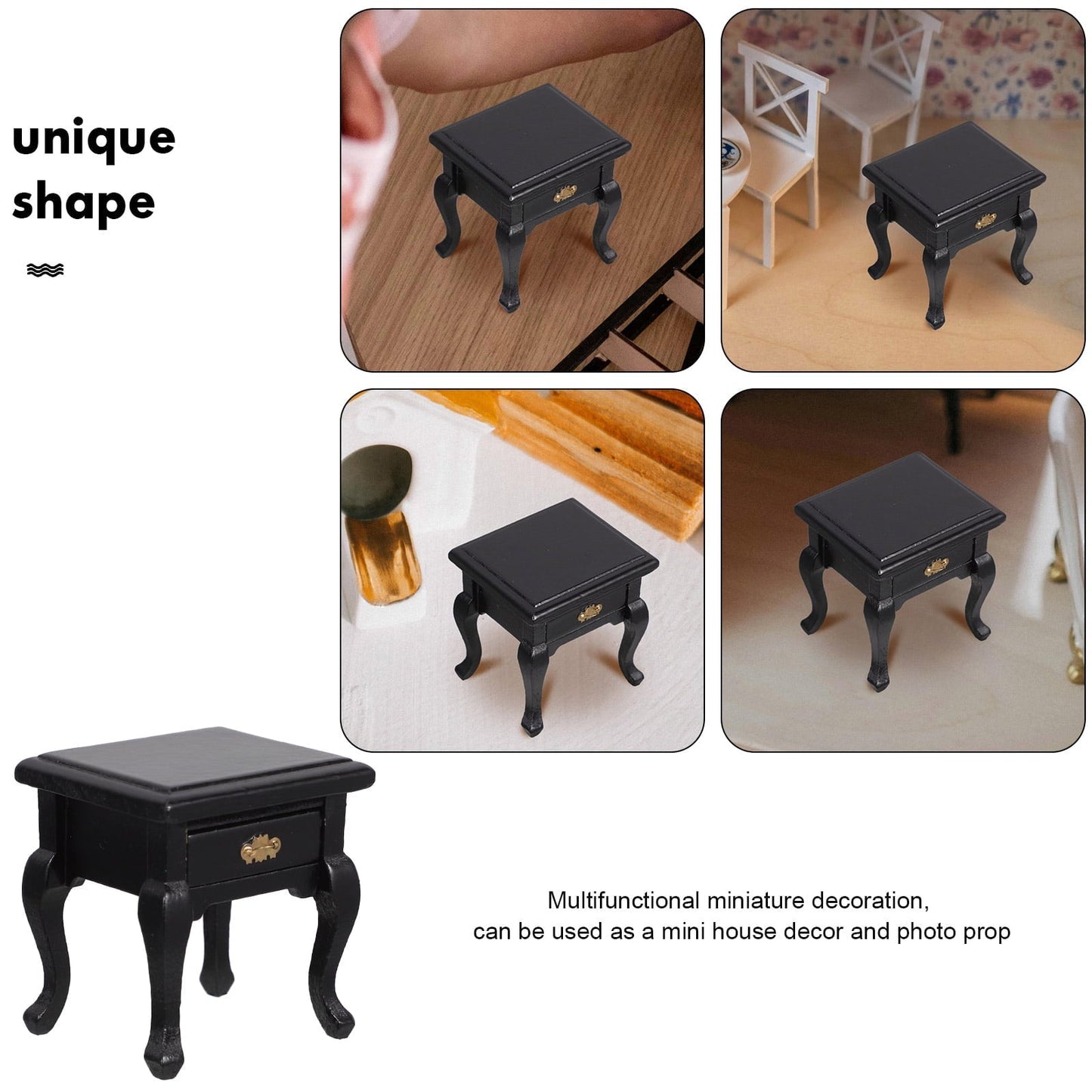 OFFIGAM 1Pcs Miniature End Table Black Wood Functional Drawer Storage For Mini Dollhouse Furniture Living Room
